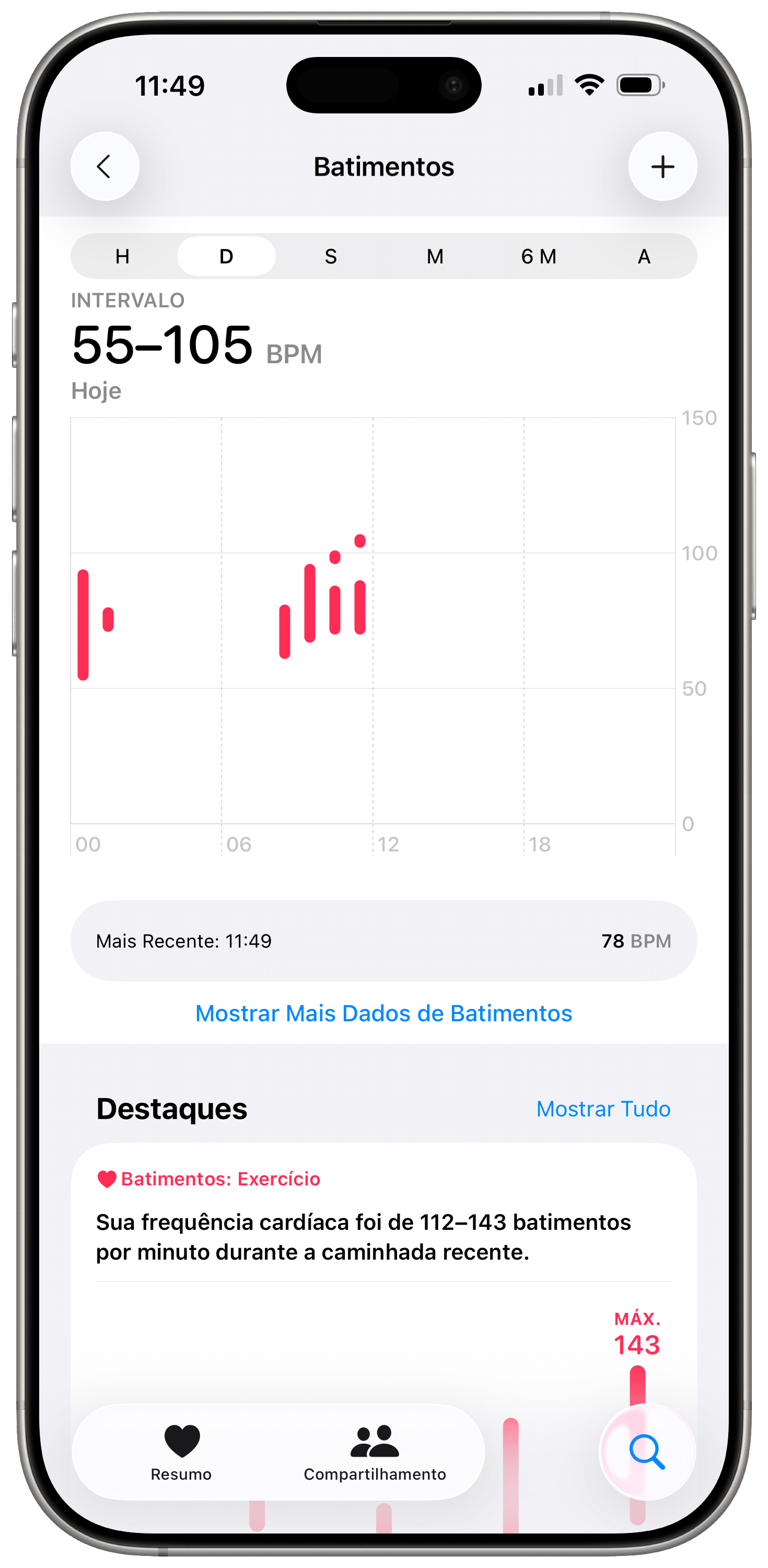 Tela do app Saúde do iPhone exibindo os batimentos cardíacos capturados pelos AirPods Pro 3