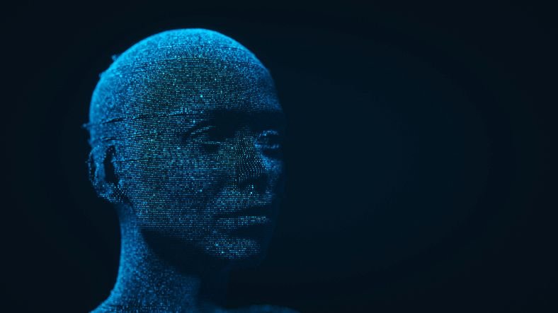 Ilustração de rosto em holograma representando inteligência artificial