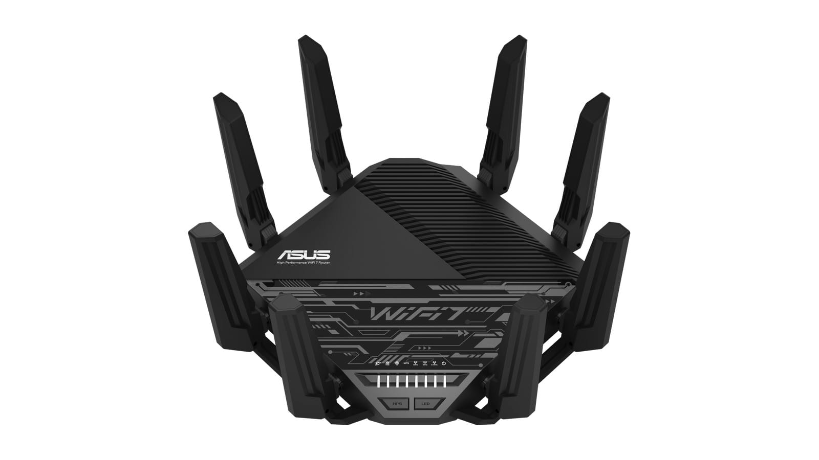 Roteador ASUS RT-BE96U, modelo Wi-Fi 7 com banda de 6 GHz, visto de frente