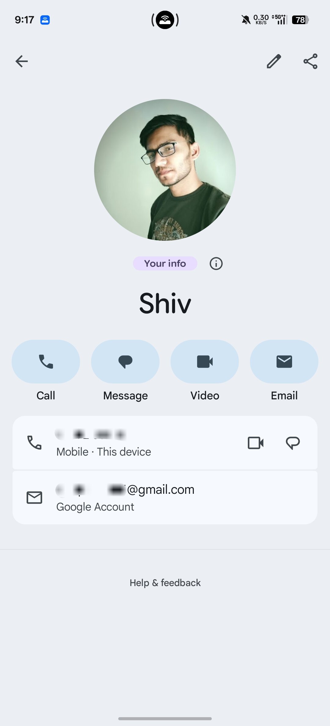 Tela da seção Suas informações no aplicativo Contatos do Android