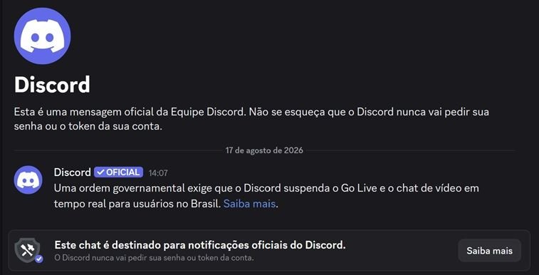 Aviso oficial do Discord informando a suspensão do Go Live e do chat de vídeo no Brasil
