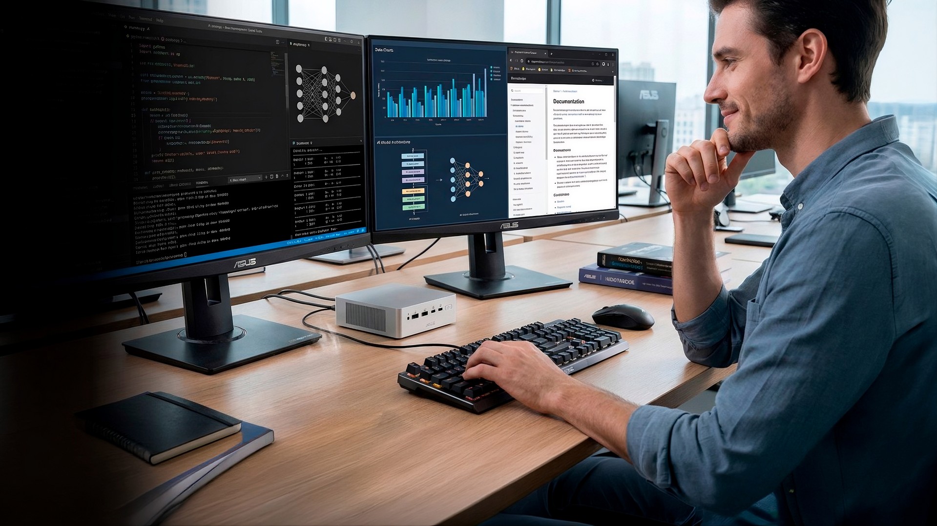 Asus Ascent QN10 ao lado de dois monitores em uma mesa de trabalho