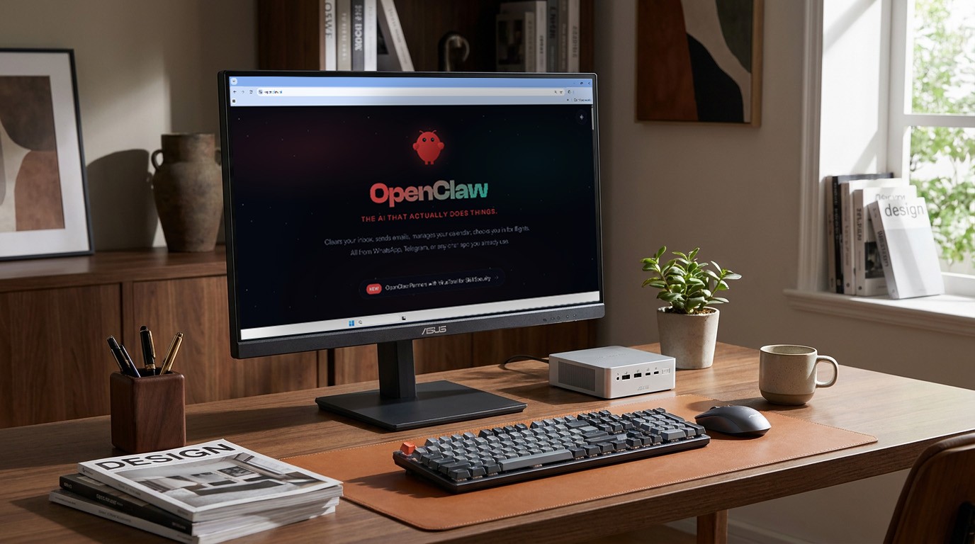 Asus Ascent QN10 em escritório doméstico ao lado de monitor e teclado
