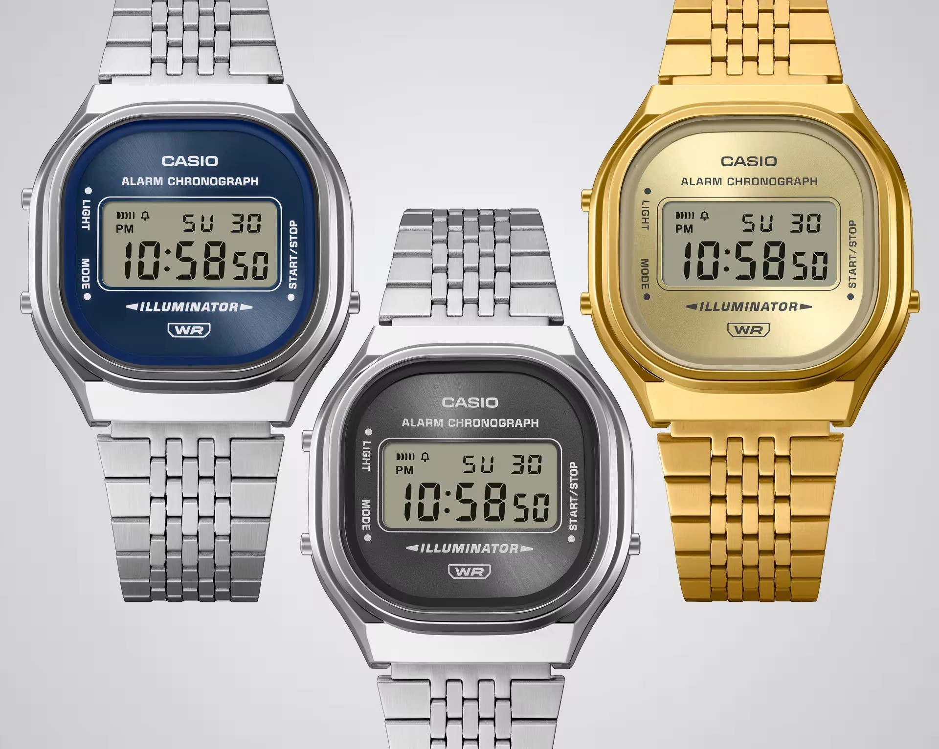Os três modelos da linha Casio A140WE, nas cores prata e dourada
