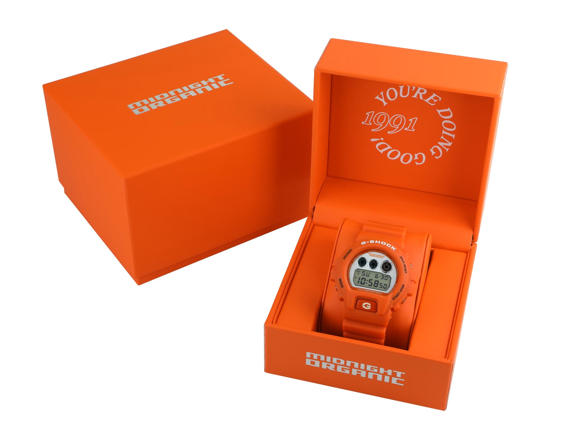 Detalhes do Casio G-Shock DW6900MO26-4 em resina laranja