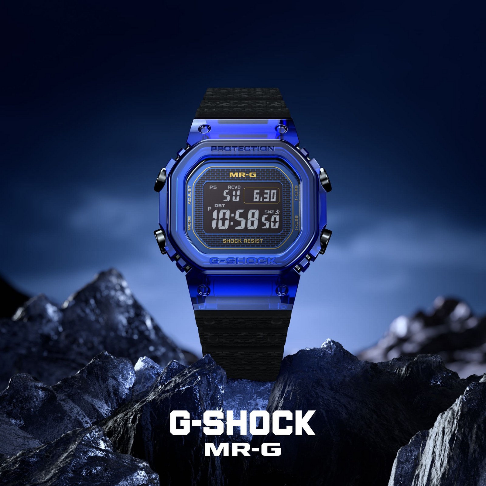 Casio MRG-D5000 Blue Sapphire visto de frente, com bisel de safira azul
