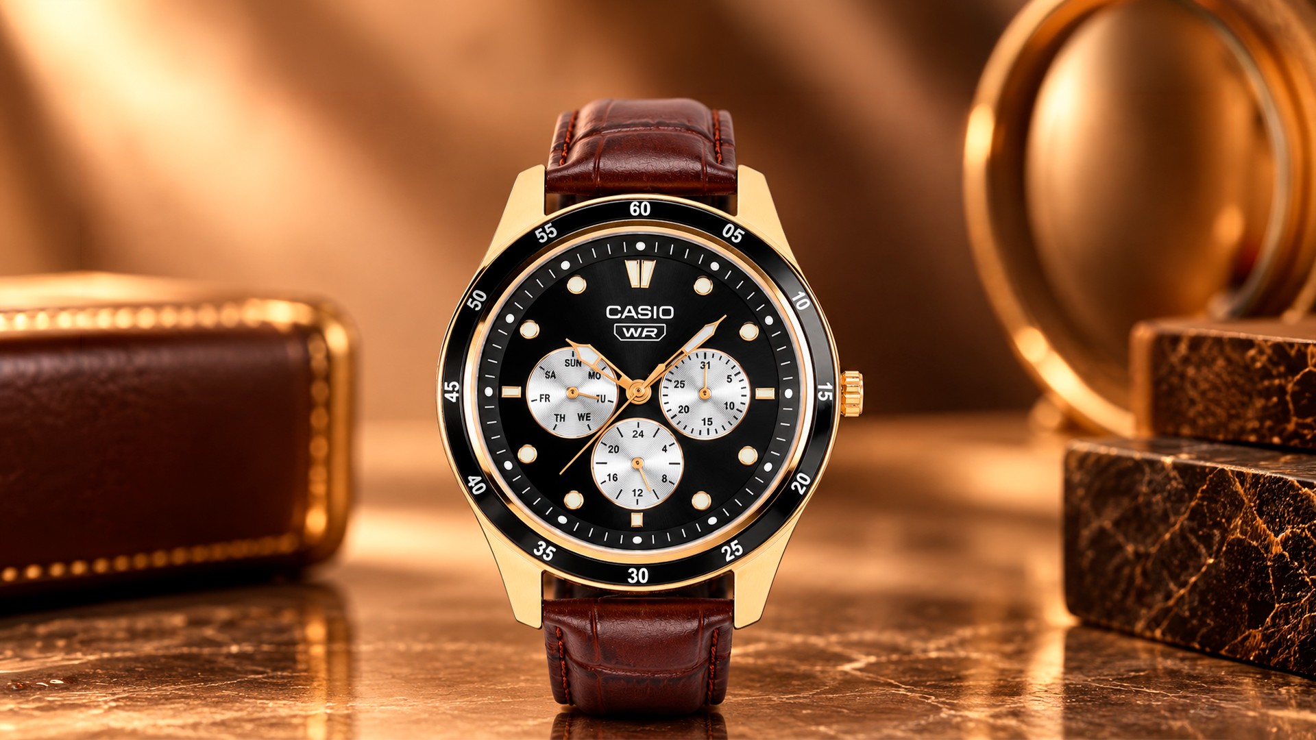 Casio MTP-SN4KRL-1A: relógio de 8,15 mm com pulseira de couro e moldura rosé sai por cerca de R$ 294