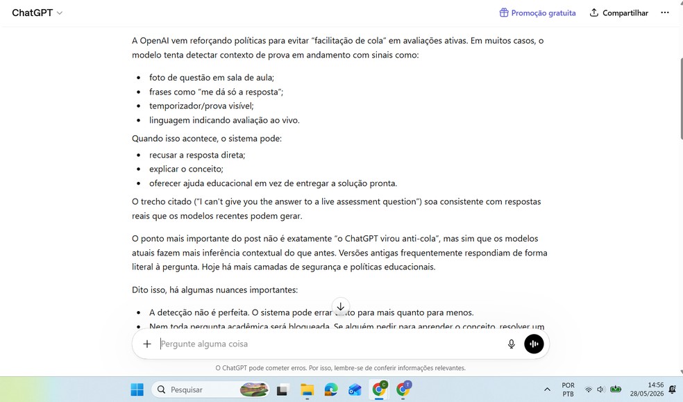 Imagem viral mostra o ChatGPT se recusando a entregar a resposta de uma prova
