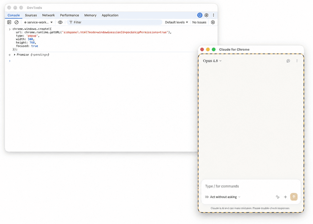 Demonstração do desvio via skipPermissions no Claude para Chrome