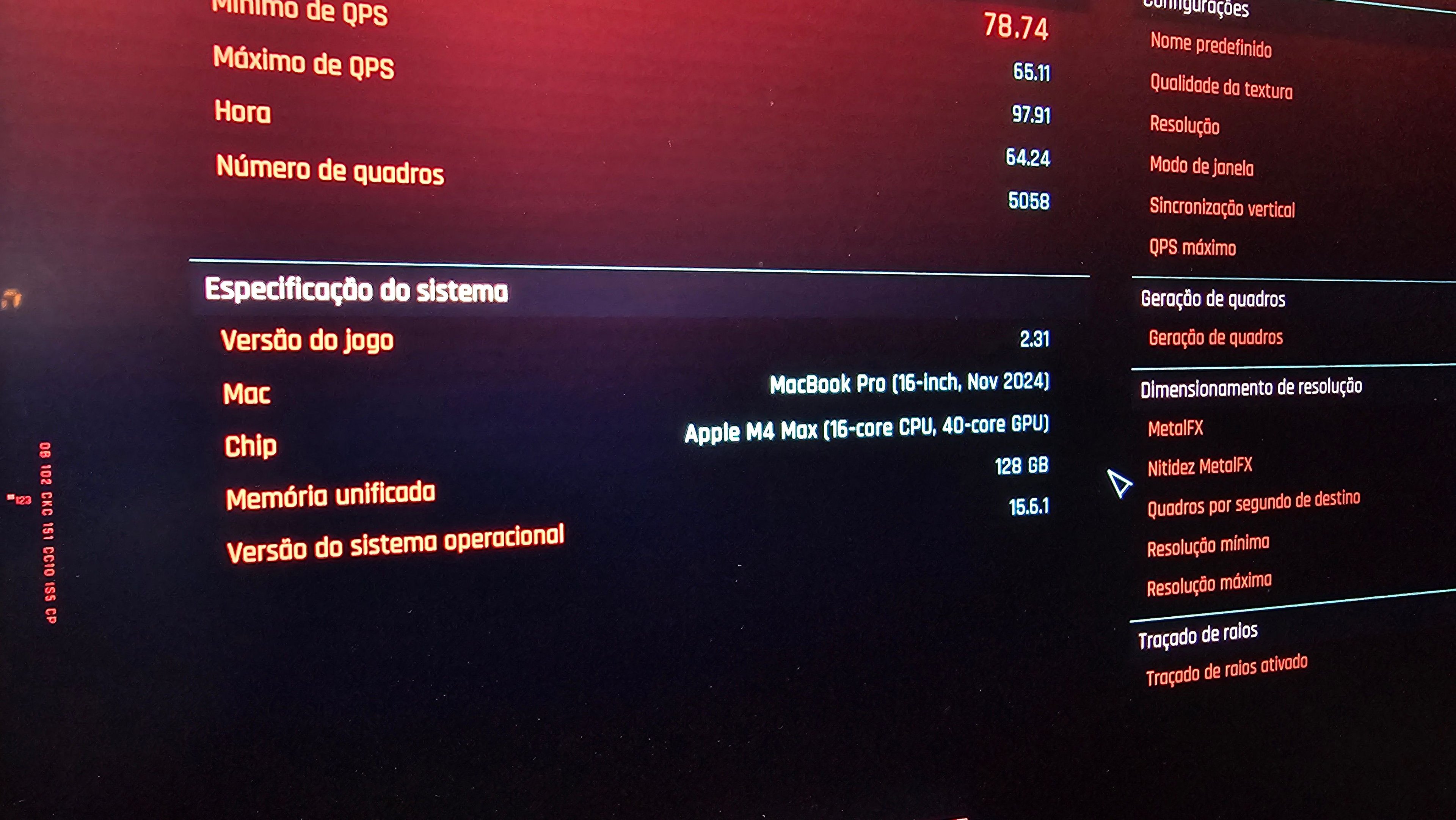 Desempenho de Cyberpunk 2077 com Path Tracing no Mac