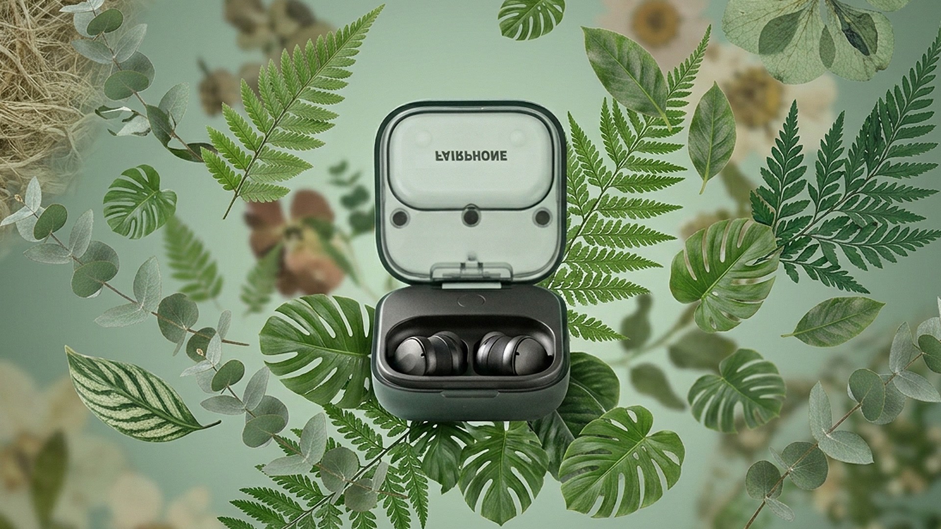 Estojo dos Fairbuds 2 aberto com os dois fones, cercado de folhas