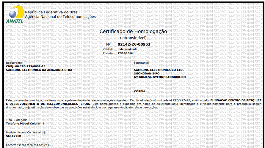 Código de homologação do dobrável da Samsung