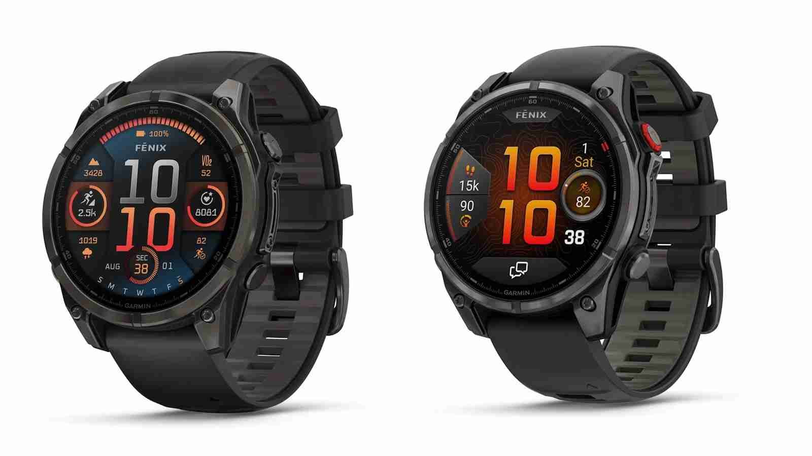 Renderizações frontais de dois modelos do Garmin Fenix 9