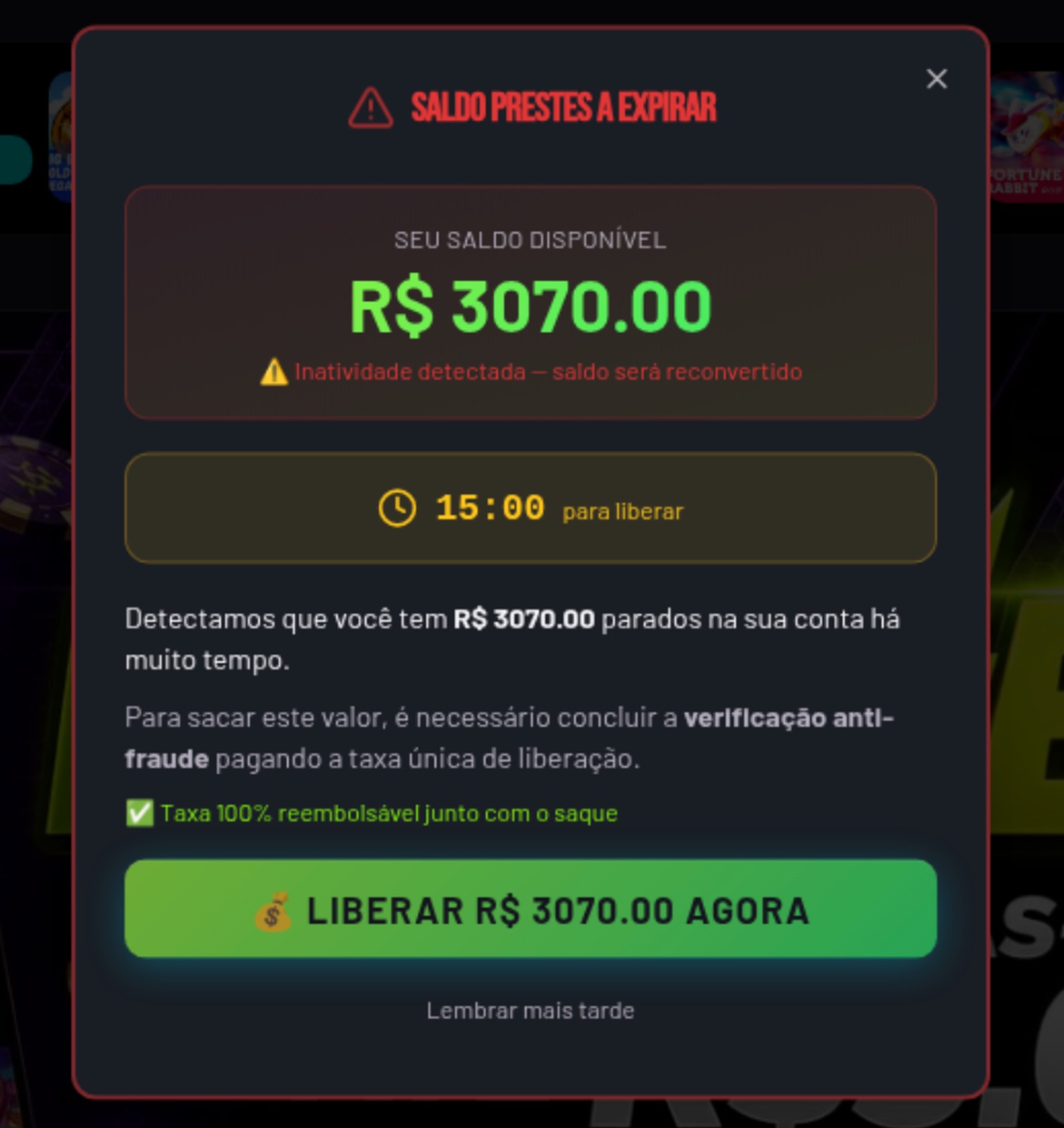 Janela do site falso exibindo saldo de R$ 3.070 e botão para liberar o saque mediante taxa