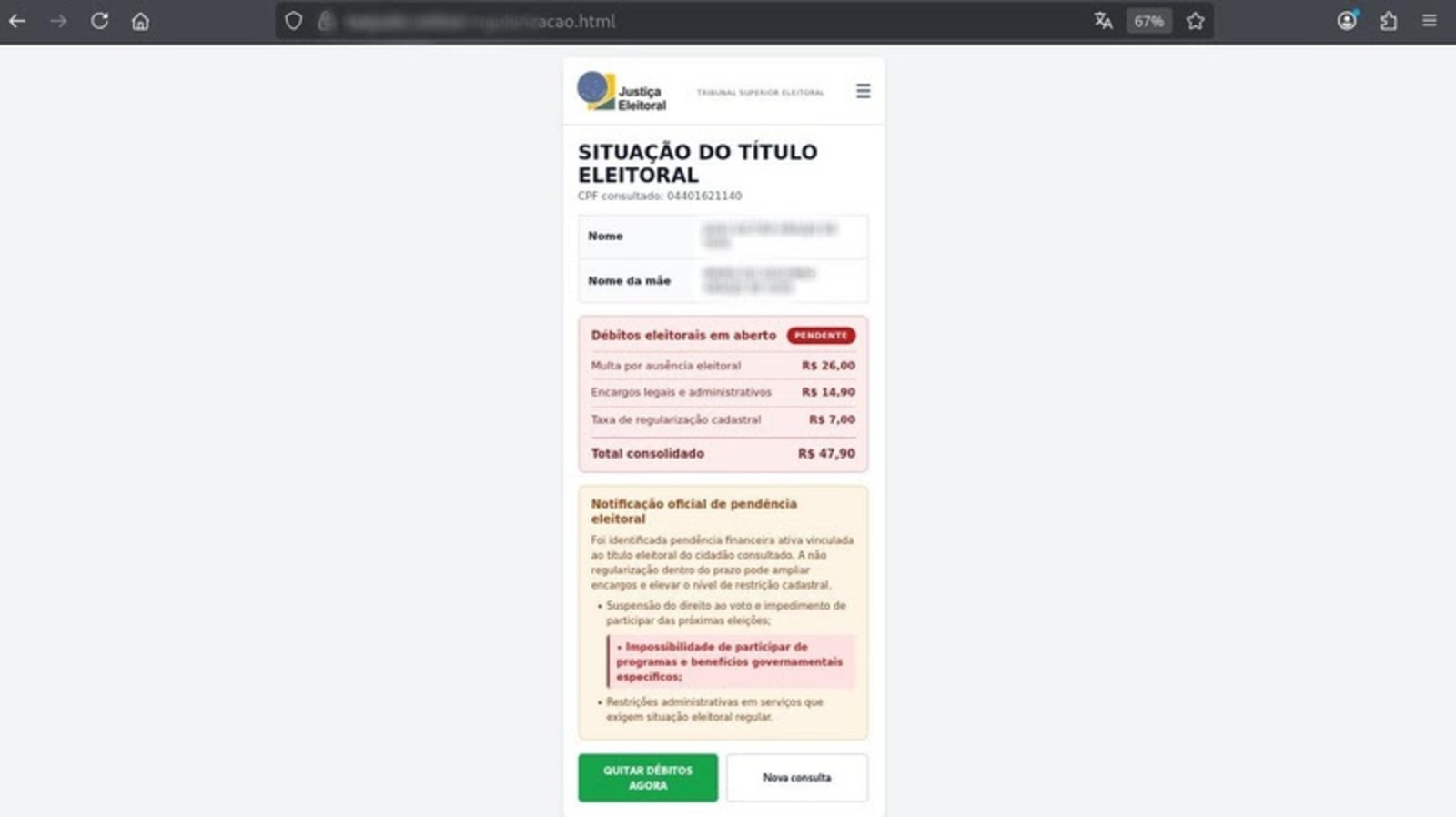 Tela do site falso que imita o TSE e mostra a situação do título como pendente