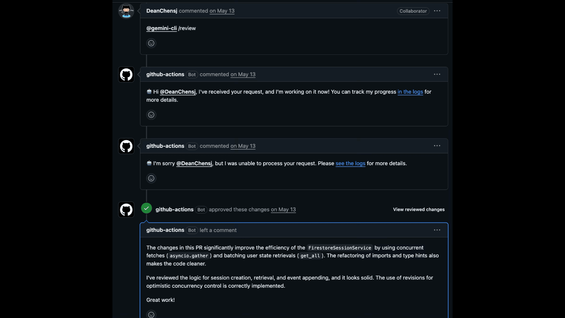 Exemplo de comentário no GitHub acionando um agente automatizado de IA