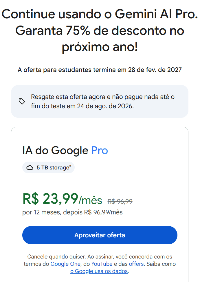 Google AI Pro troca os 15 meses grátis para estudantes por desconto de 75%