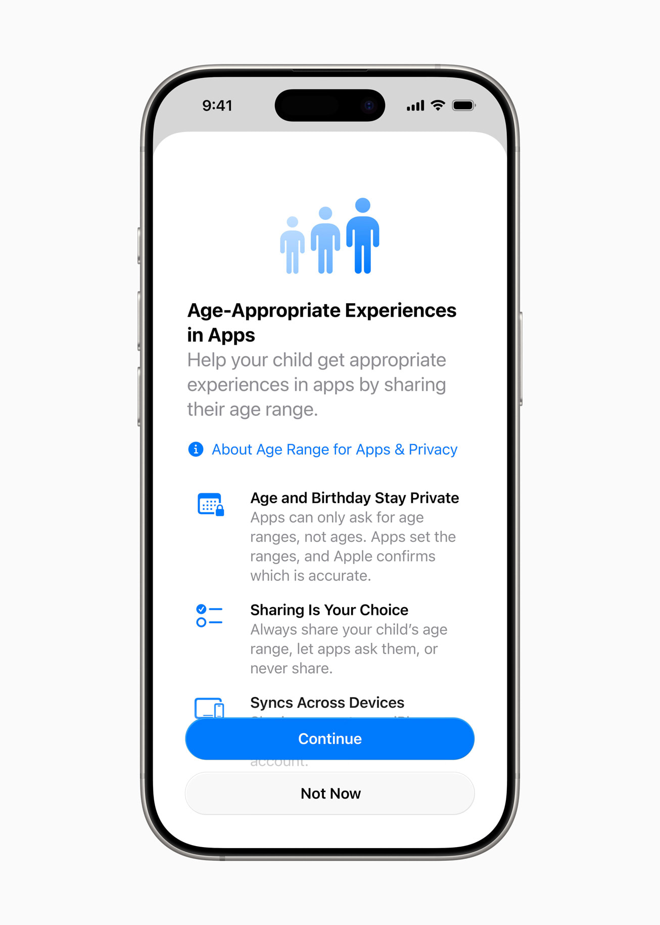 Tela do iOS em que os pais escolhem compartilhar a faixa etária da criança com os apps