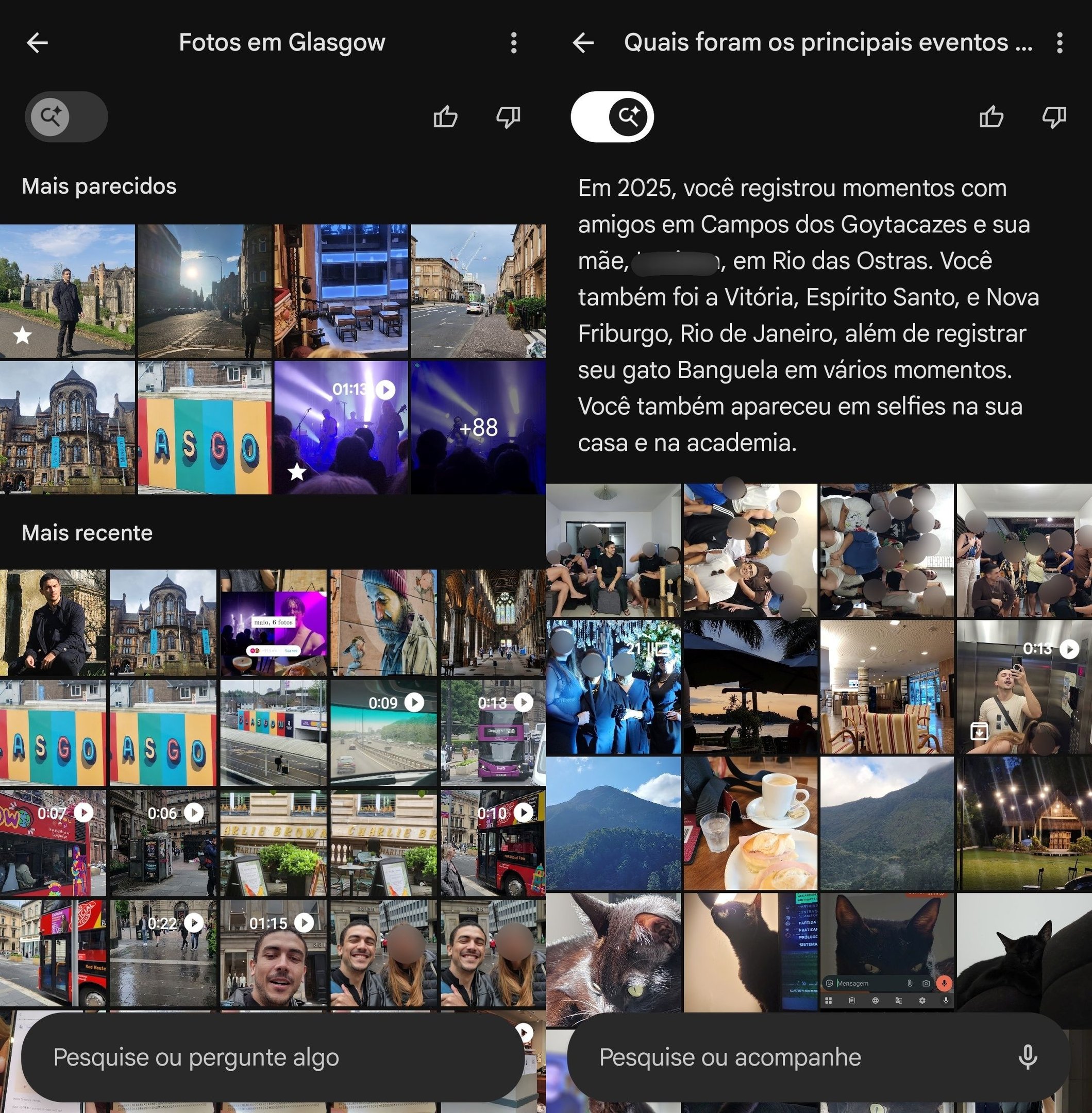 Interface de busca do Google Fotos com a alternância do Gemini