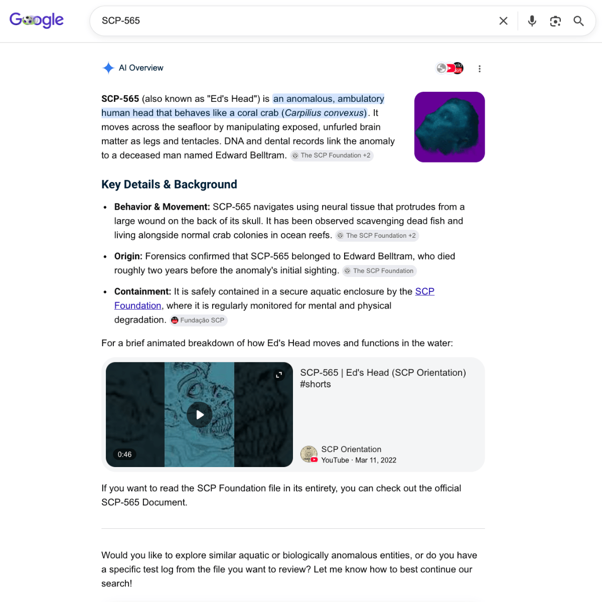 Resposta da Visão Geral por IA do Google sobre o SCP-565
