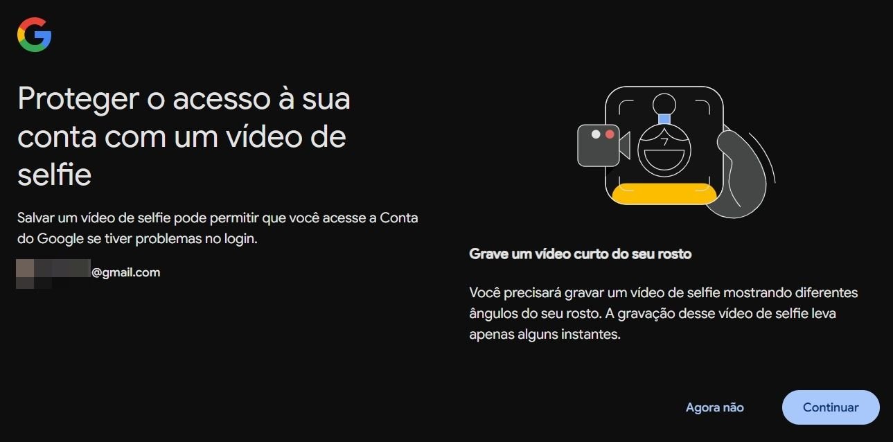 Tela inicial da configuração do login por selfie do Google