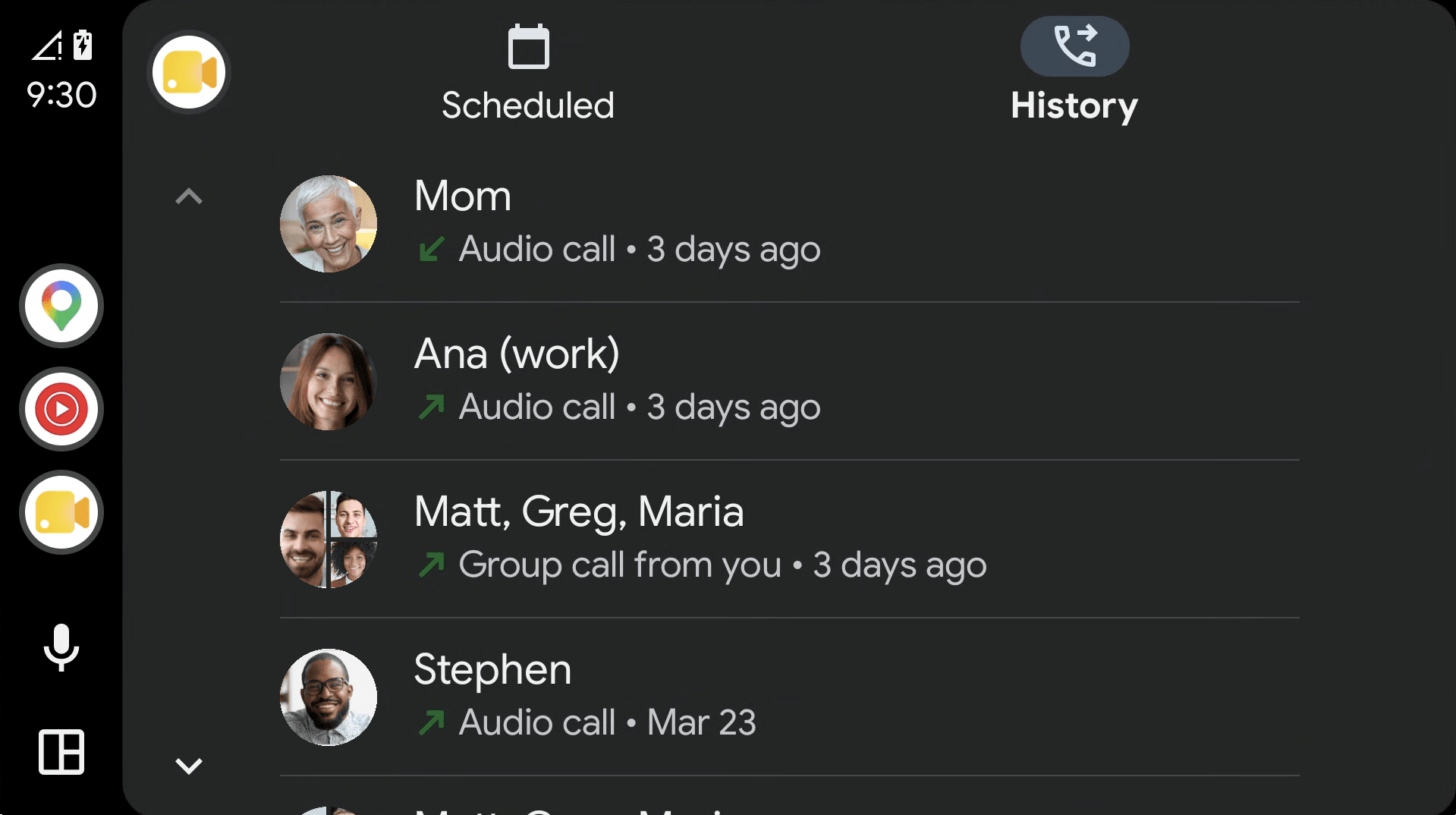 Interface do Google Meet rodando no Android Auto