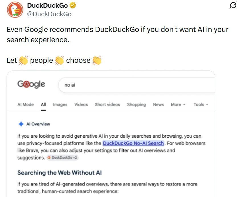 Resultado de busca do Google sugerindo o DuckDuckGo