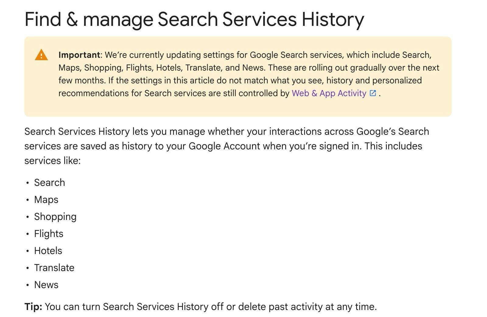 Tela de Histórico de Serviços da Pesquisa do Google
