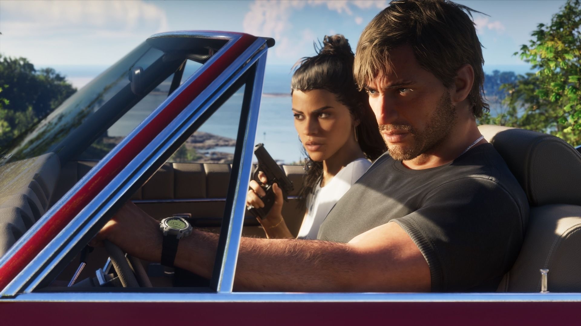 Jason e Lucia, protagonistas de GTA 6, em arte oficial da Rockstar