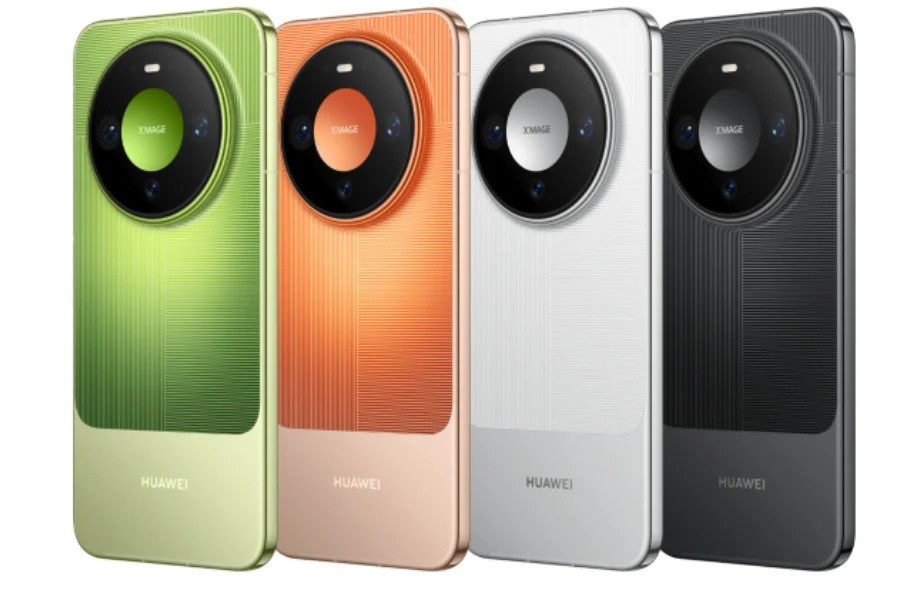 Huawei Mate 90 em verde, laranja, branco e preto, vistos de costas