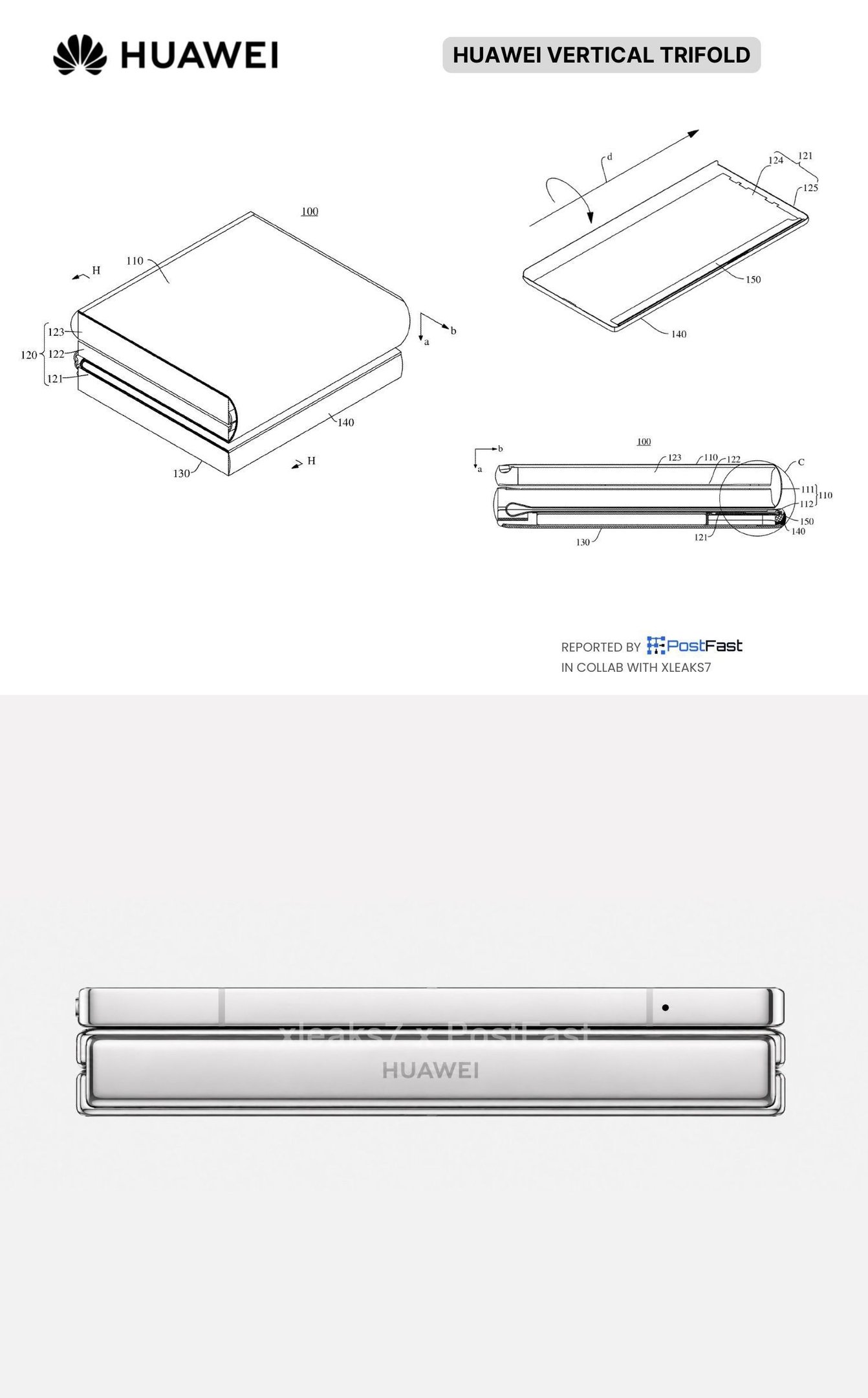 Conceito do celular dobrável da Huawei com três telas na vertical