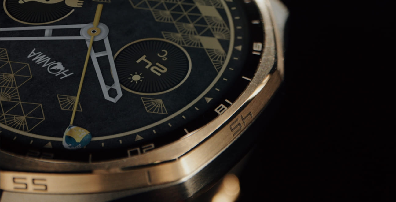 Design da edição HONMA do Huawei Watch GT 6 Pro com aro de titânio dourado
