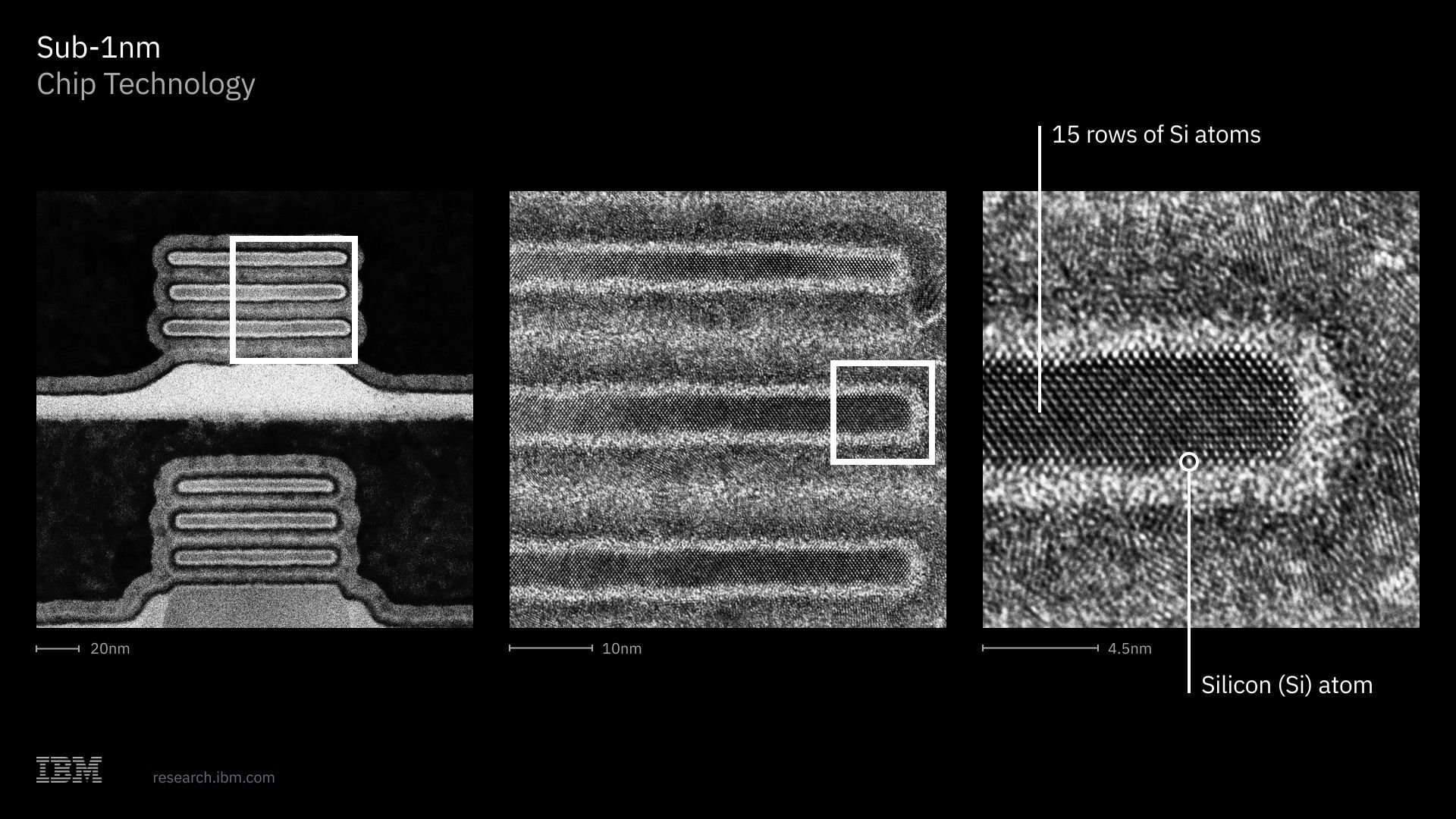 Imagem de microscópio mostrando a estrutura dos transistores da IBM