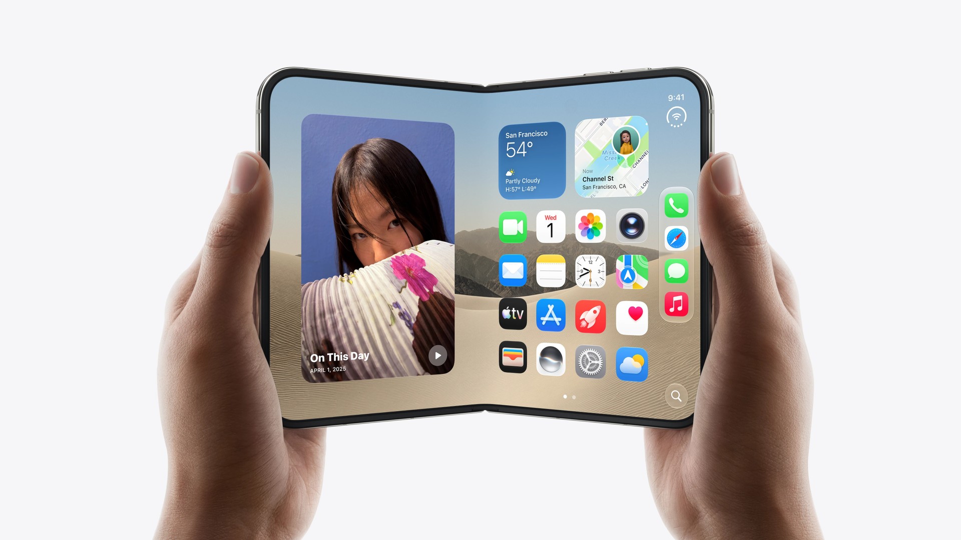iPhone Duo aberto, com a tela interna exibindo widgets e apps
