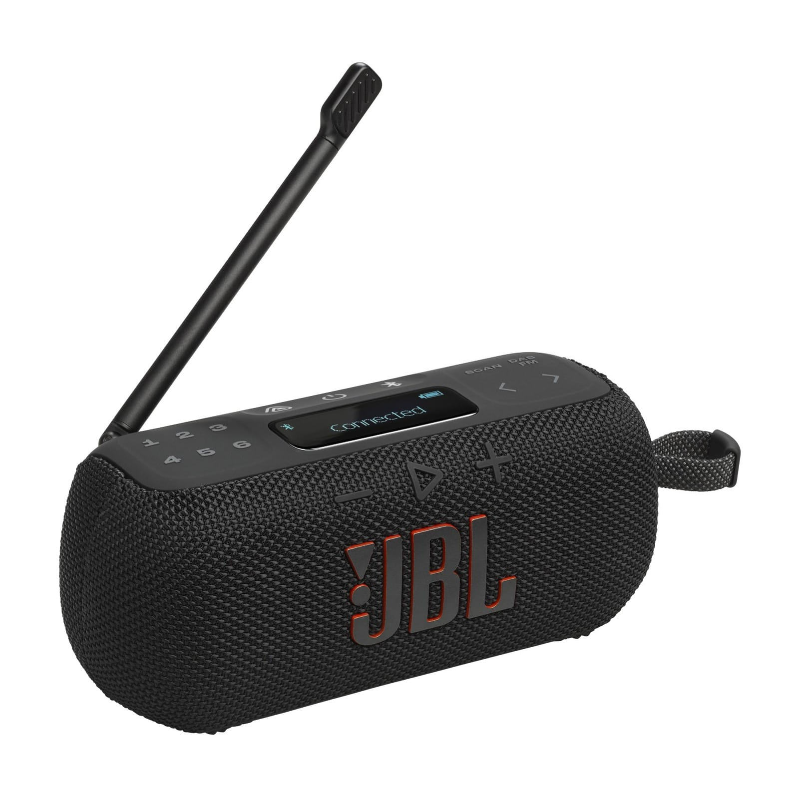 JBL Tuner 3 em detalhe, com visor LCD e botões de presets de estações