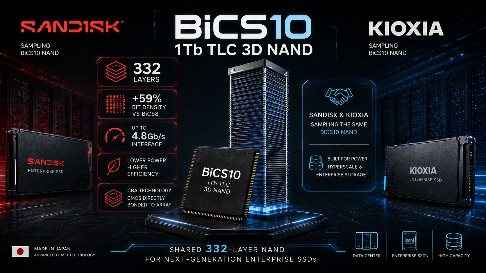 Kioxia e SanDisk lançam memória de 332 camadas para data centers de IA