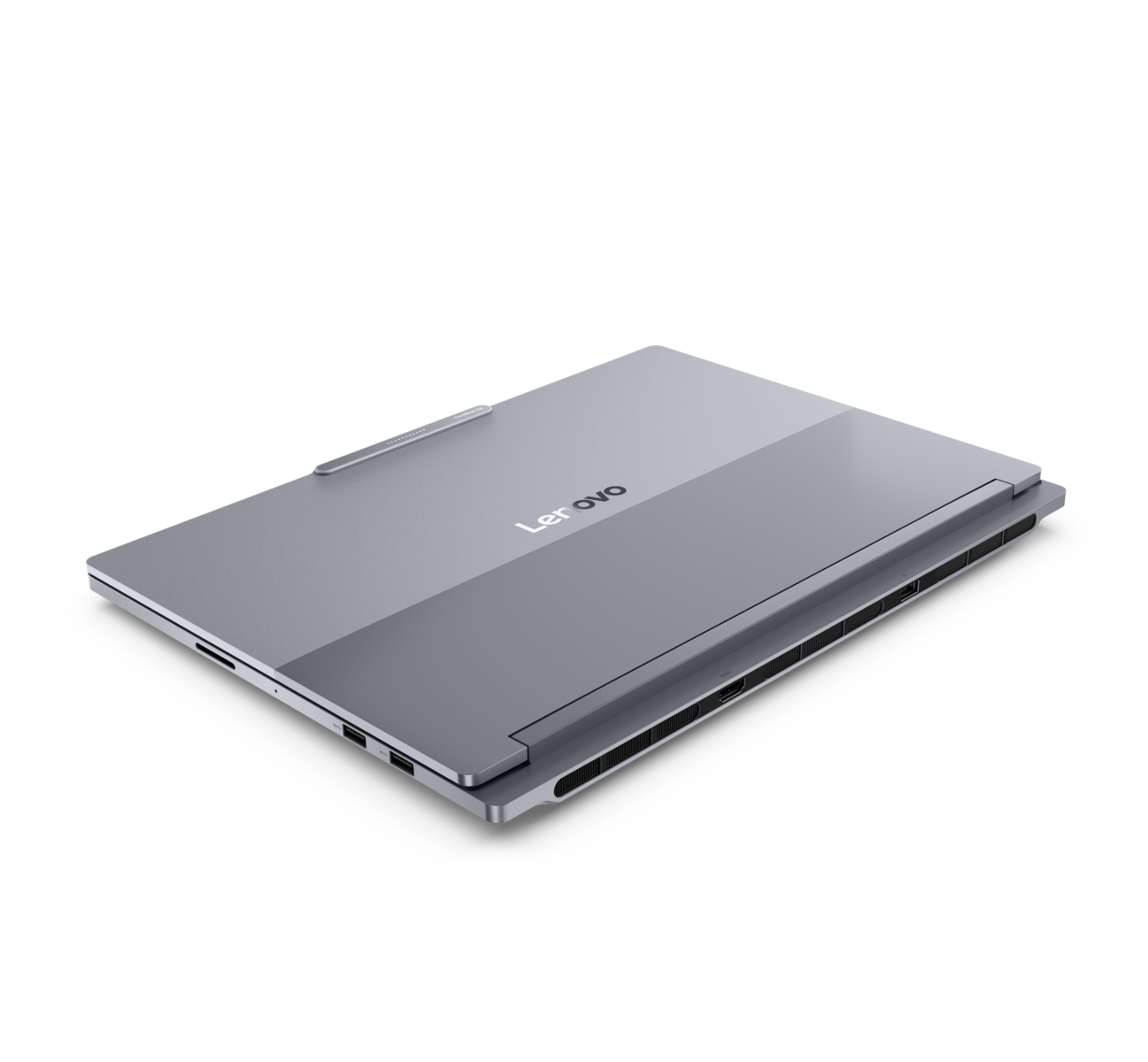 Lenovo ThinkBook 16p Gen 6 visto de trás, em alumínio cinza