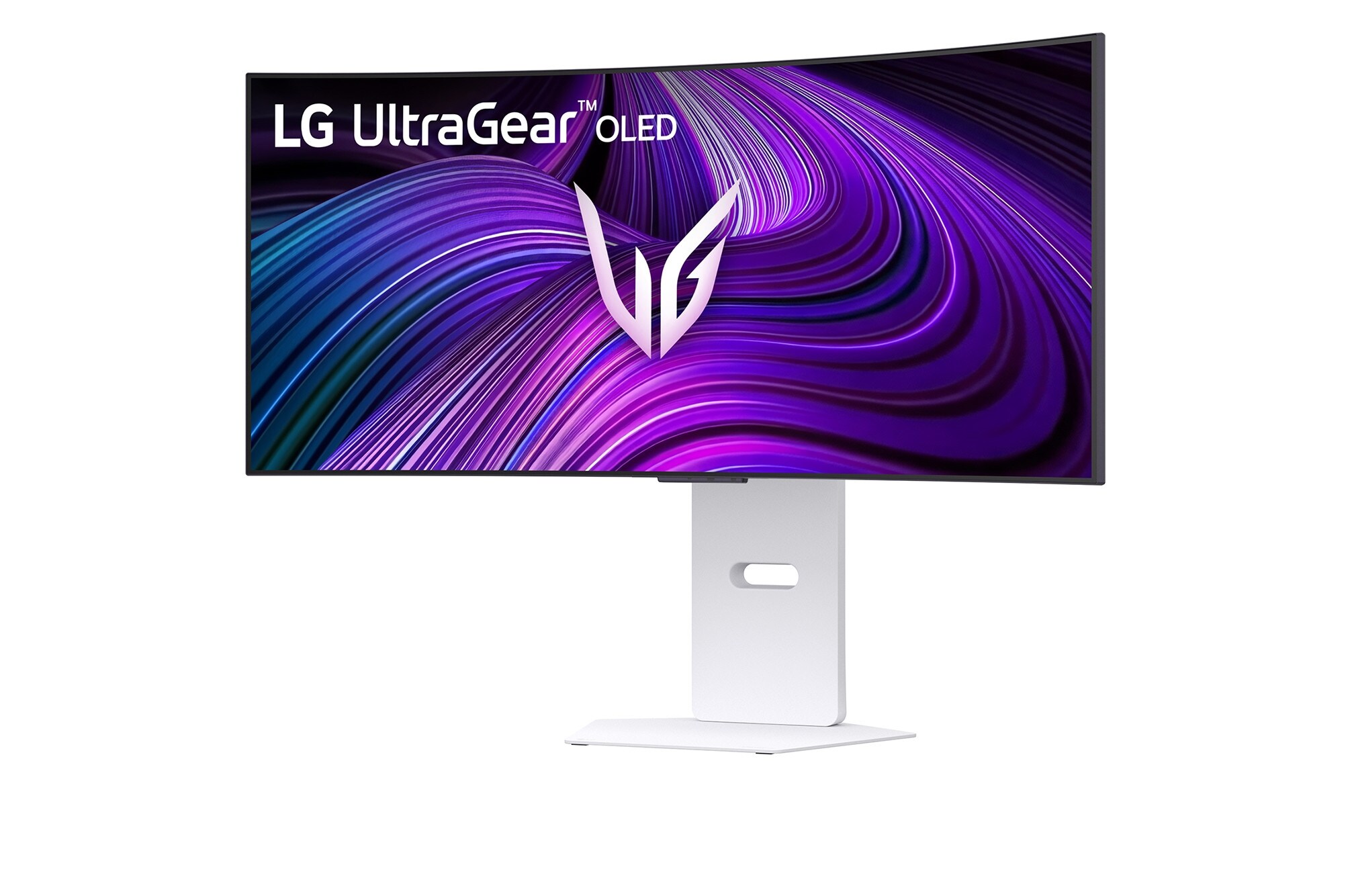Monitor LG UltraGear OLED Smart 34GX90SA em render oficial, destacando a tela curva ultrawide