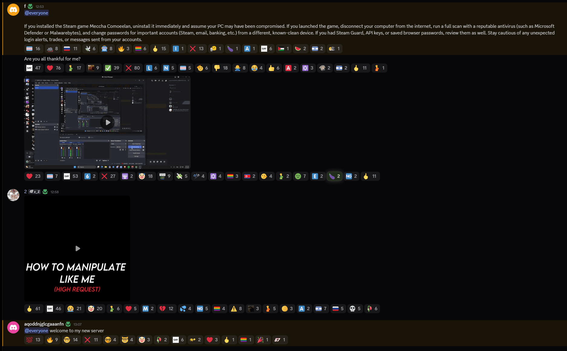 Mensagens falsas publicadas por contas de administrador invadidas no Discord oficial do jogo