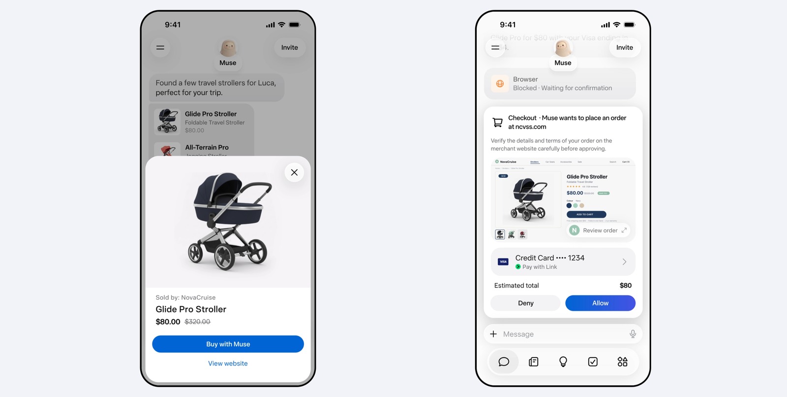 Muse mostrando um carrinho de bebê e a tela de confirmação de compra dentro do app