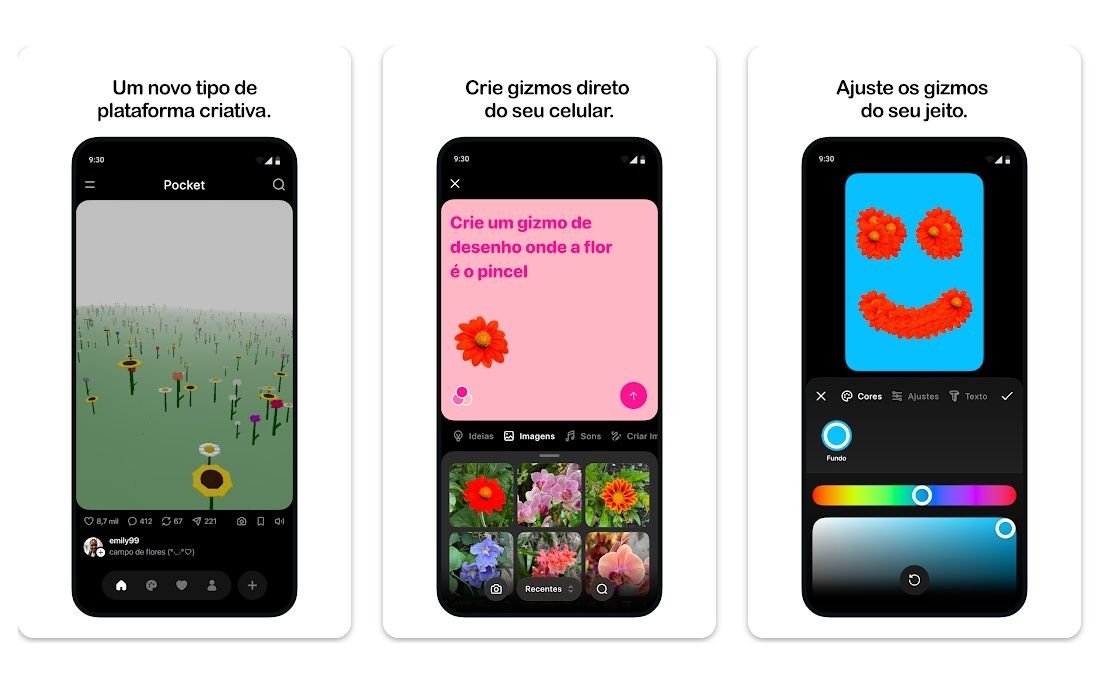 Telas do aplicativo Meta Pocket em funcionamento