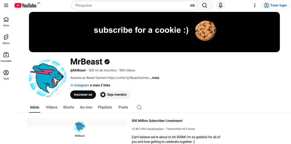 MrBeast comemora a marca de 500 milhões de inscritos no YouTube