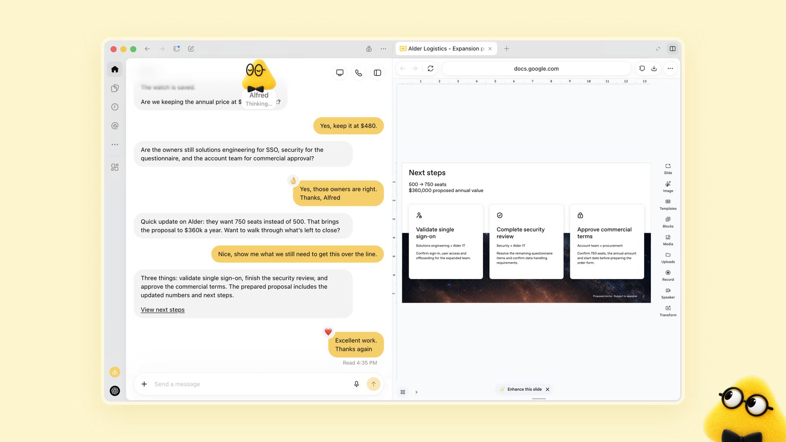 Conversa com um Dot no ChatGPT, ao lado da tela do navegador que o agente está usando