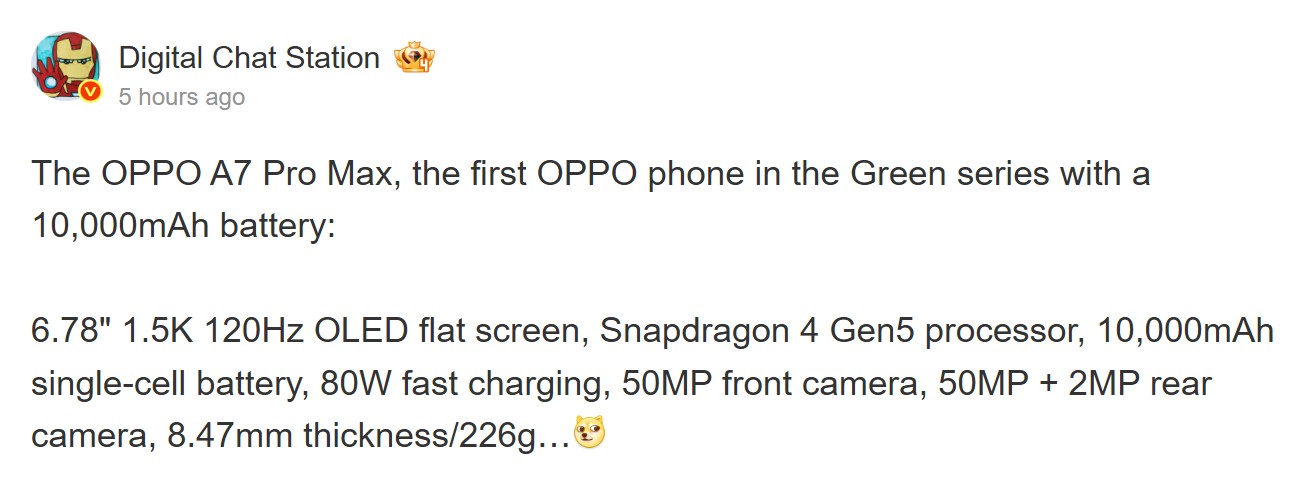 Vazamento do OPPO A7 Pro Max compartilhado por Digital Chat Station