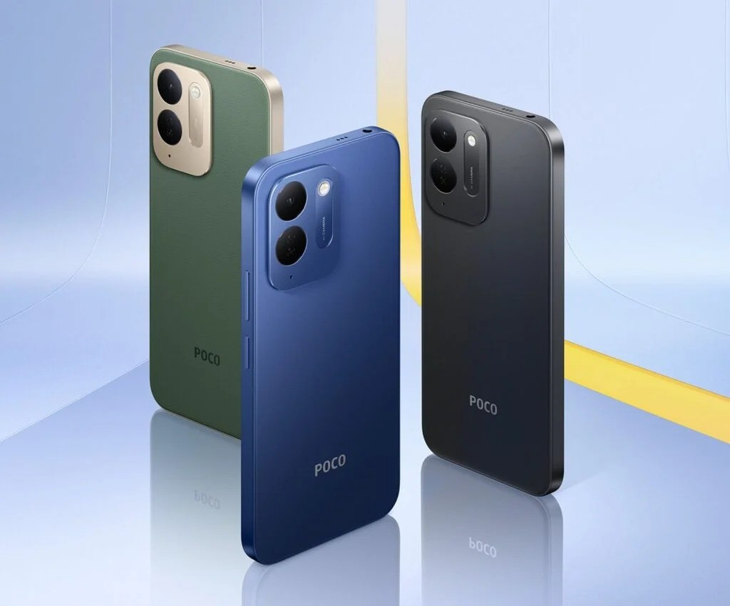 POCO C95 Pro em verde, azul e preto vistos de costas