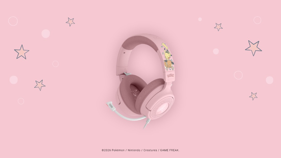 Headset Razer Kraken V4 X da coleção Pikachu e Eevee, em rosa com almofadas de veludo