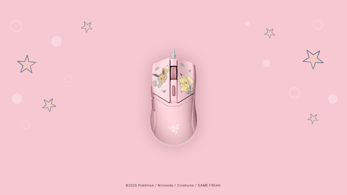 Mouse Razer Cobra em rosa, com Pikachu e Eevee nas laterais