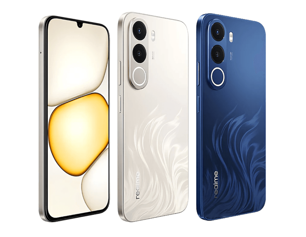 Realme C100x nas cores azul e dourado