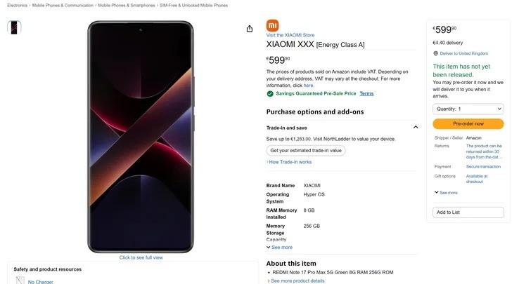 Redmi Note 17 Pro Max vaza na Amazon com bateria de 9.210 mAh e preço europeu