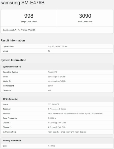Listagem do Samsung Galaxy F70 Pro no Geekbench